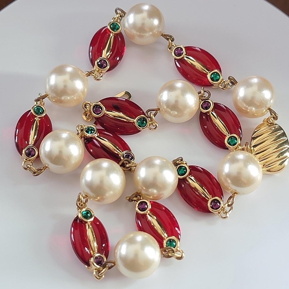 Vintage Swarovski Necklace Red Murano Glass & Pearls #1891